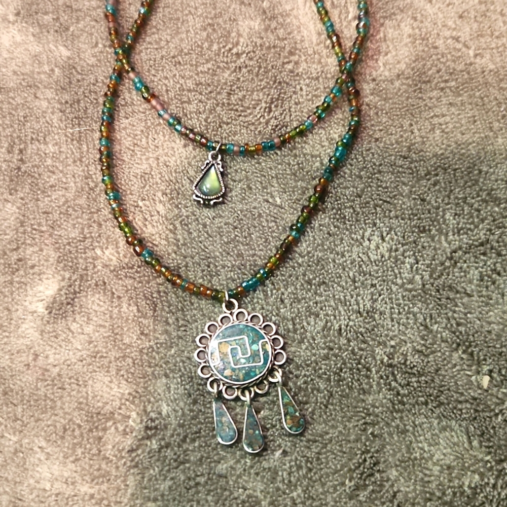 Beautiful Green & Orange Double Strand Necklace